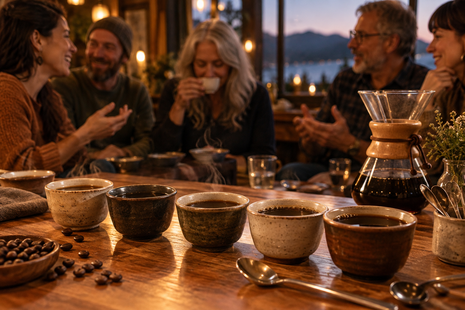 Five cups of coffee from five countries on a tasting table