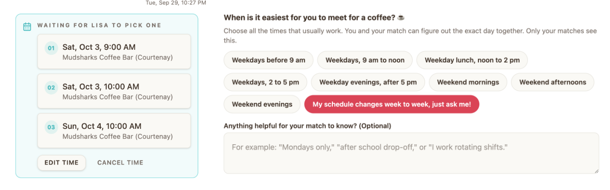 Suggested coffee times and availability picker