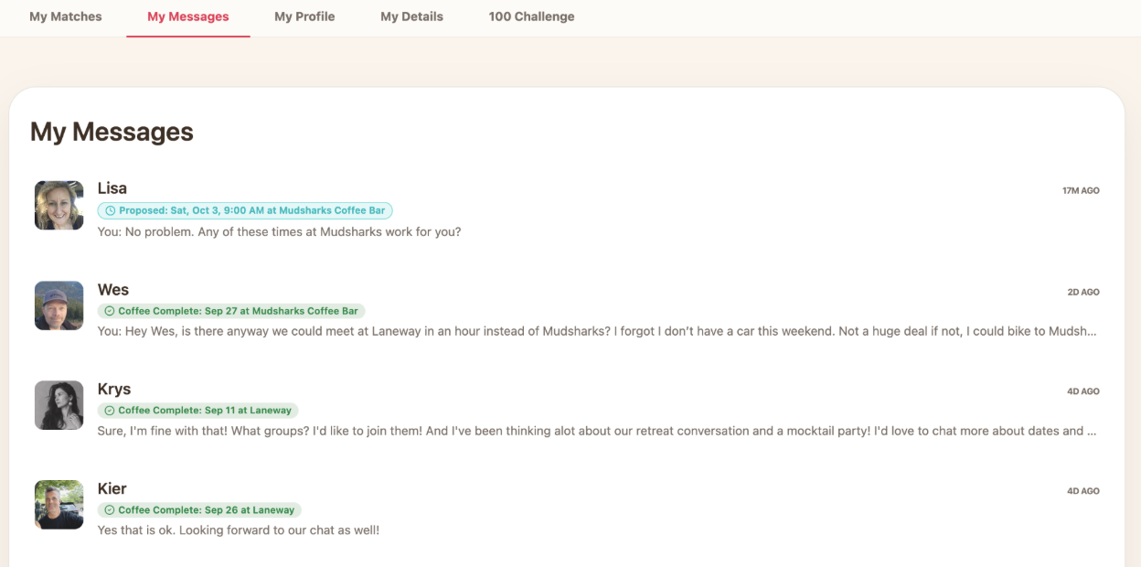 My Messages dashboard showing chats with matches